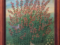 Mara Puskaric, 1970, Flowers with birds, oil on chipboard, 32x25 cm - 1000 eur