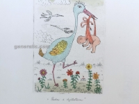 Josip Generalic, JG-E07-03(3), Stork with a baby, water-coloured etching, 27x20 cm 14x10 cm, 1974  - 300 eur