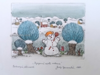 Josip Generalic, JG-E08-01 (Last one), Snowman between willows, water-coloured etching, 20x21 cm 11x15 cm, 1989 - 400 eur