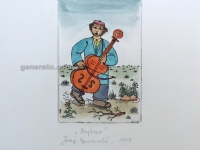 Josip Generalic, JG-F02-01(4), Bass player (blue), water-coloured etching, 27x20 cm 12x8 cm, 1987 - 150 eur