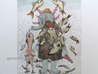 Josip Generalic, JG-C09-01(2), Underwater mutant, watercolored etching, 38x28cm 24x18cm, 1986 - 200 eur