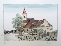 Josip Generalic, JG-L10-03(16), Hlebine - Church of St Catherine, water-coloured silkscreen, 36x51 cm 28x42 cm, 1987