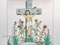 Josip Generalic, JG-L14-01(5), Jesus on a cross (azure), water-coloured silkscreen, 50x35 cm 35x26 cm, 1991