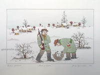 Josip Generalic, JG-L19-01(8), Hunters with a rabbit, water-coloured silkscreen, 38x53 cm 27x43 cm, 1980