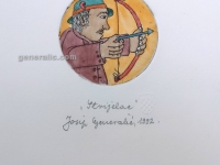 Josip Generalic, JG-H02-02, Zodiac - Sagittarius with-bow, water-coloured etching, 20x13 cm Ø 6 cm, 1992 - 100 eur